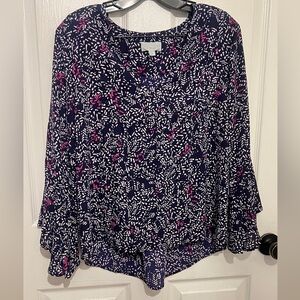 VERONICA M Women’s Navy Blue Print V-Neck Long Sleeve Bell Cuff Top Size S